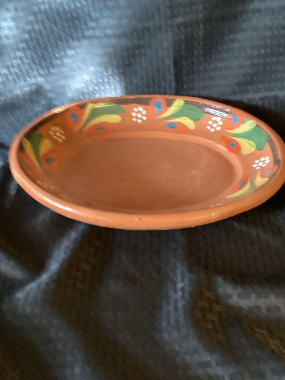 Hand-Painted Terra Cotta Serving Dish in Warm Orange with Floral Accents